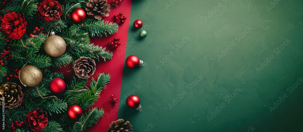 Aufkleber christmas background idea a top view of christmas tree decorations on a red and green paper backdrop