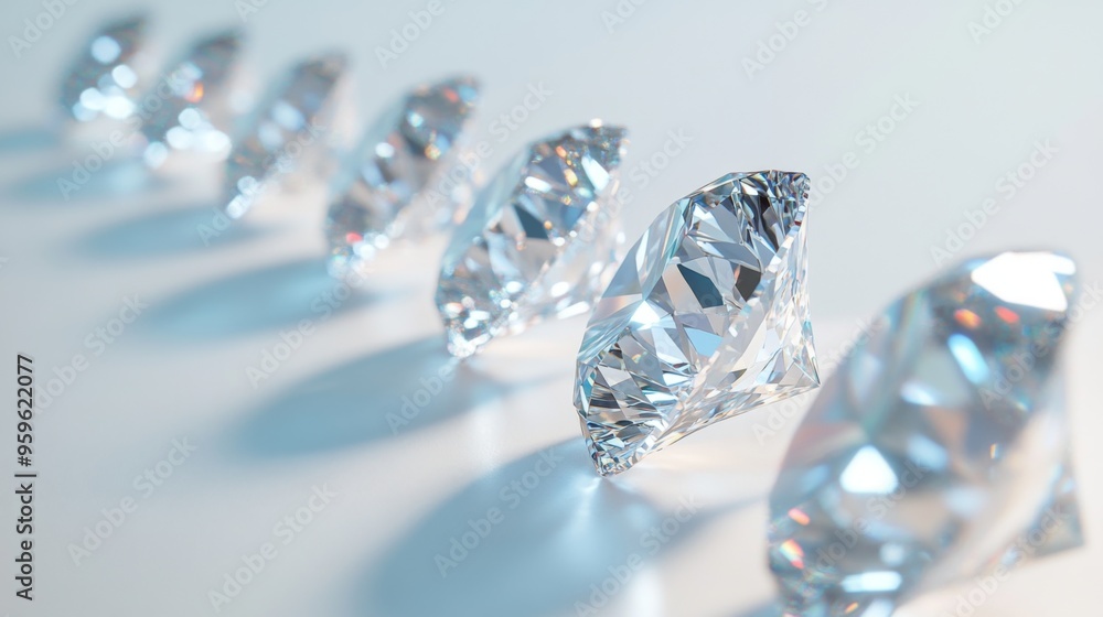 Poster a row of shimmering diamonds lined up neatly on a pure white background, their facets catching and r