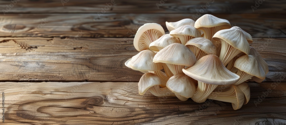 Poster oyster mushrooms clustered on a wooden surface. copy space image. place for adding text and design