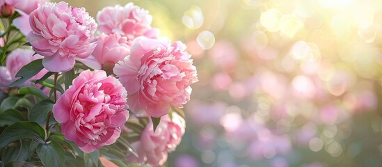 Fototapeta premium Blooming light pink peony flowers in the garden a natural seasonal floral backdrop with copy space