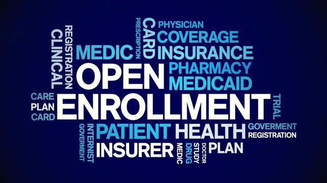 Open Enrollment animated word cloud;text design animation tag kinetic typography seamless loop.