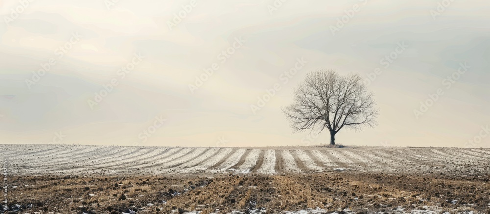 Poster a solitary tree in the gentle winter light stands in a plowed field with patches of uncultivated lan