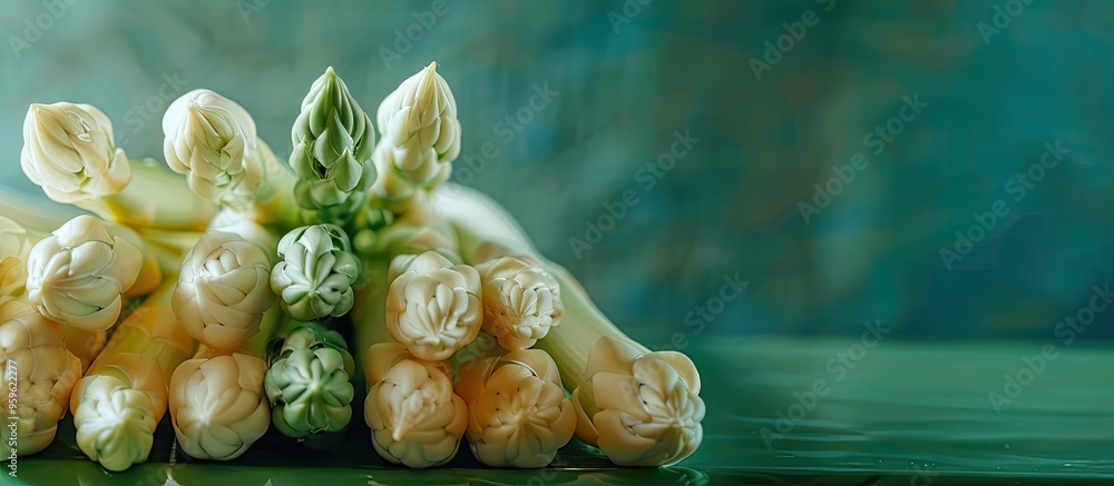 Poster white and green fresh asparagus on a green table seen up close various types of german green and whi