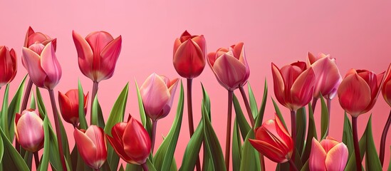 Obraz premium Red and pink tulips against a pink background Floral backdrop for greeting cards and messages. Copy space image. Place for adding text and design