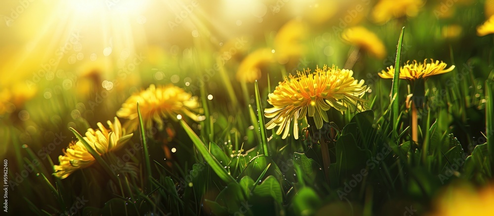 Poster vibrant yellow dandelions on green grass in the sunlight. copy space image. place for adding text an
