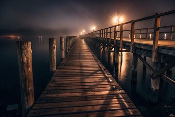 Obraz premium Foggy Pier with Creaking Wooden Planks