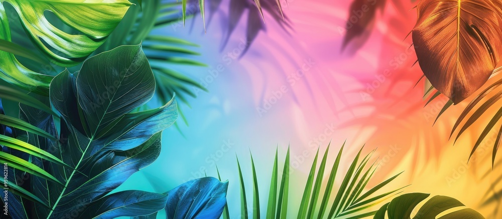 Poster tropical leaves on a colored background. copy space image. place for adding text and design