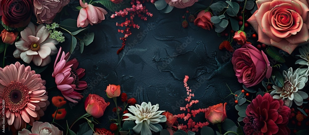 Poster a stunning arrangement of various flowers on a black background with space for text floral card desi
