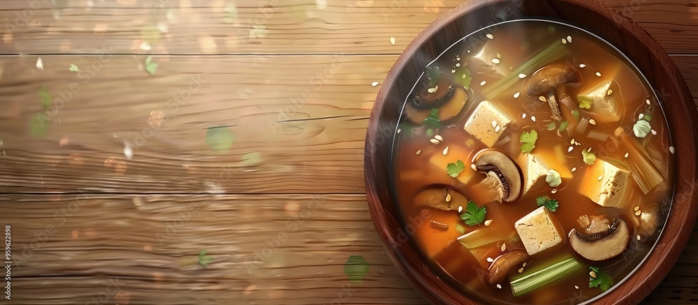 Poster japanese vegetarian broth prepared with mushrooms tofu and leek. copy space image. place for adding 