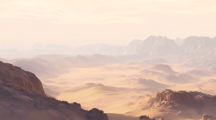 Naklejka premium A vast, dry desert landscape with rocky mountains in the distance, under a pale, hazy sky.