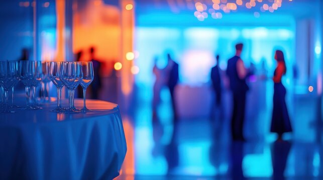 Corporate Event Reception Area with Attendees in the Background. Business Networking and Socializing.