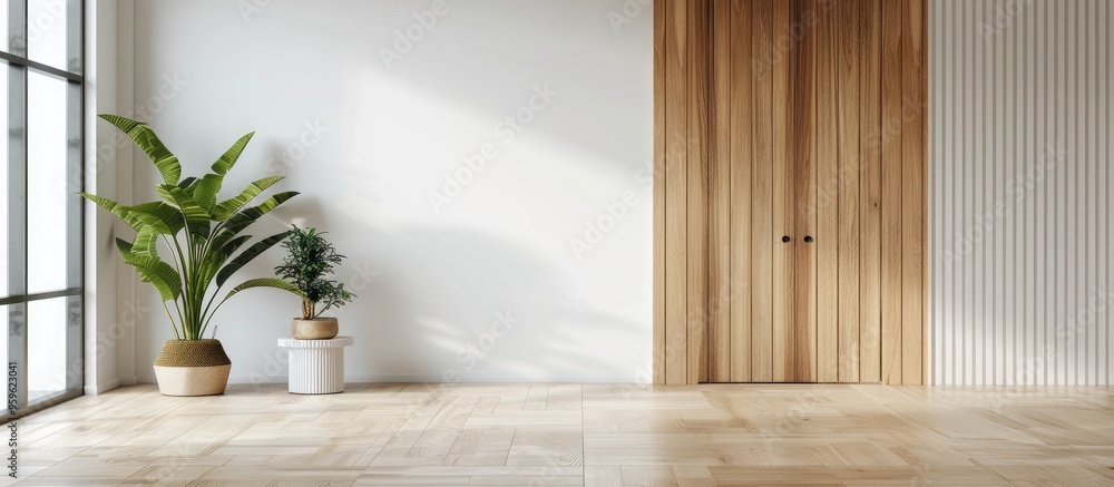 Wall mural wood dressing closet front entrance doorway and white wall with copyspace in the room minimalist interior of an apartment