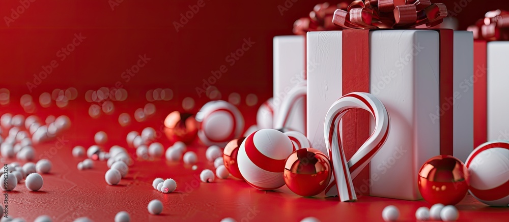 Poster presents featuring christmas balls and a candy cane on a red backdrop. copy space image. place for a