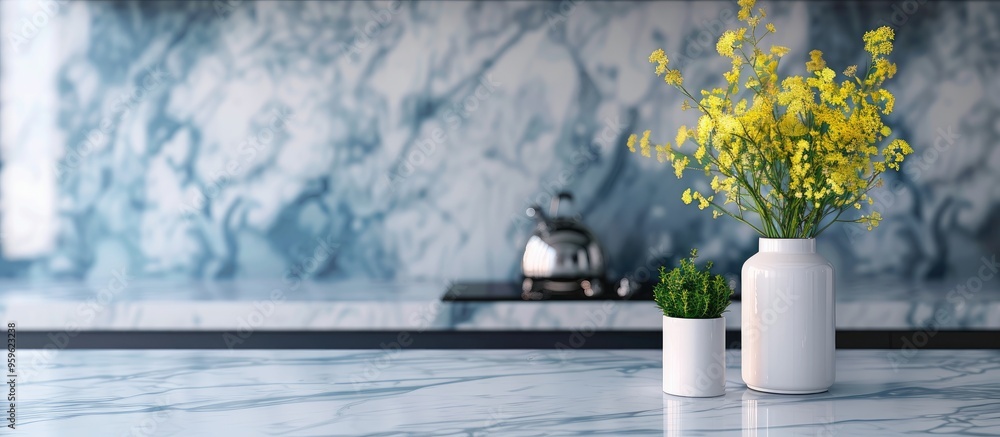 Poster kitchen countertop featuring a marble style pattern as the background. copy space image. place for a