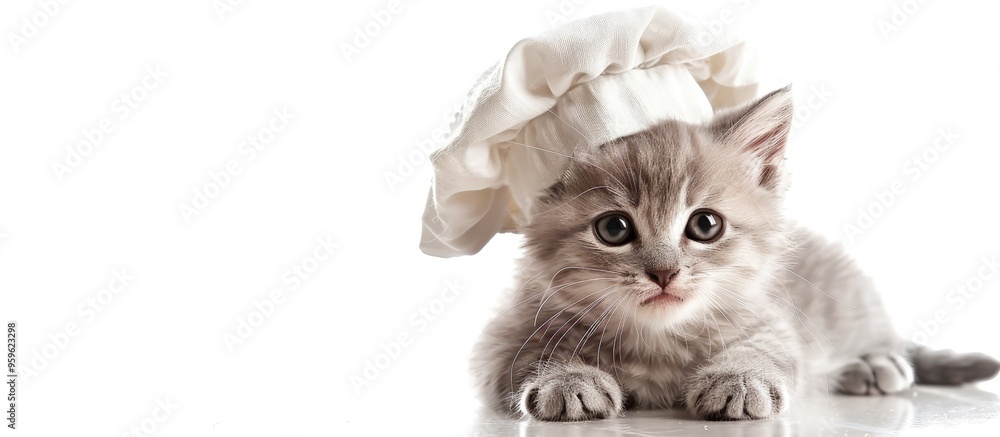 Poster little kitten adorned with a cook hat isolated against a white background. copy space image. place f