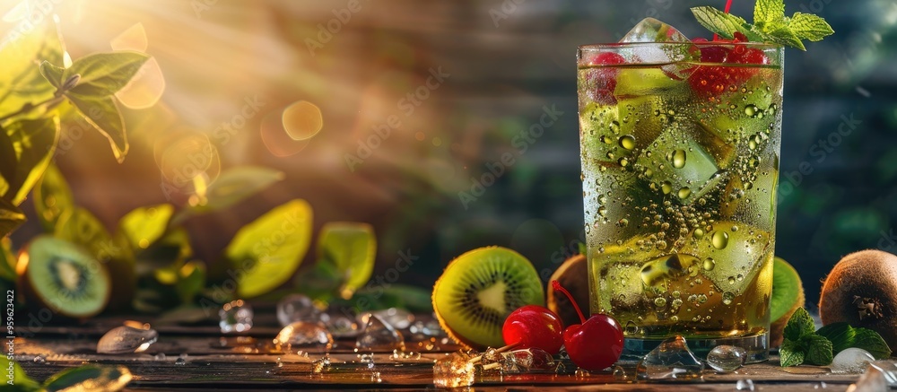 Poster fresh kiwi syrup ice cubes soda and a cherry on top perfect for summer set against a wooden table ba