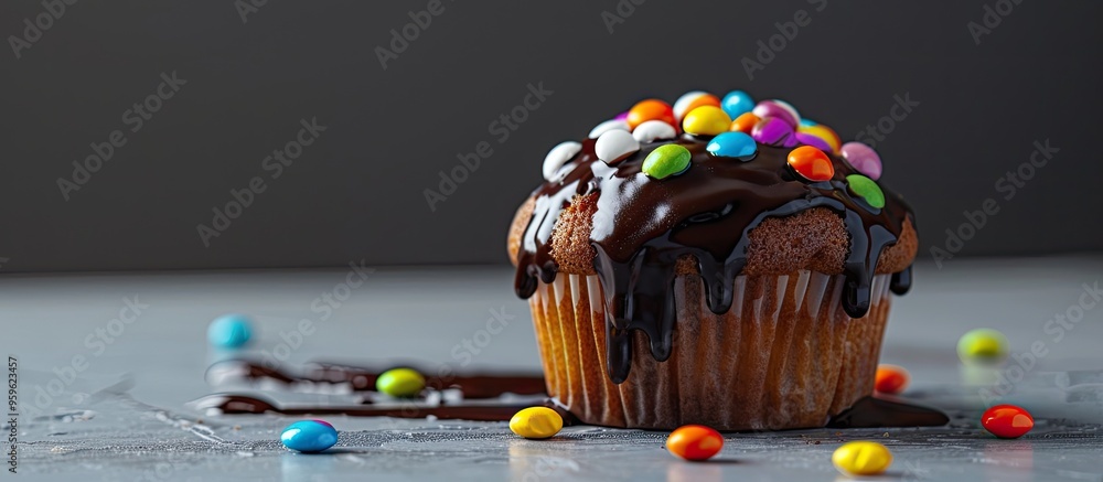 Canvas Prints Muffin topped with chocolate glaze and smarties. Copy space image. Place for adding text and design