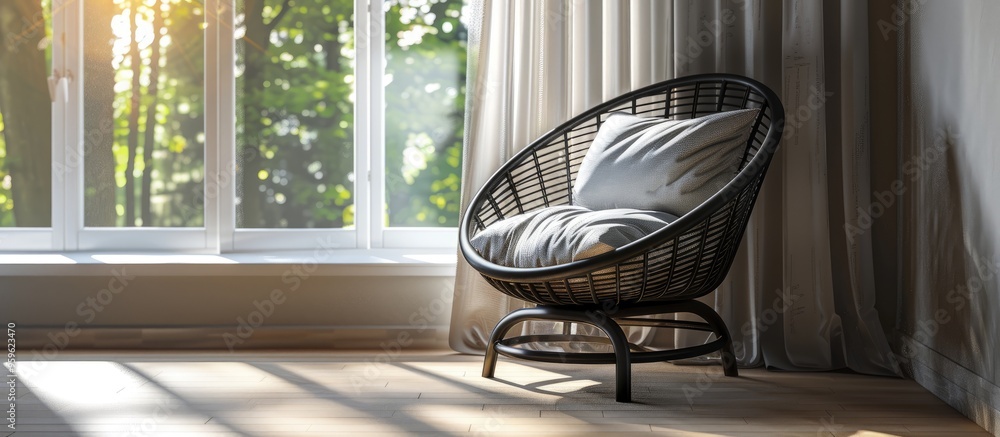 Poster black rattan chair positioned by the window in an interior setting. copy space image. place for addi