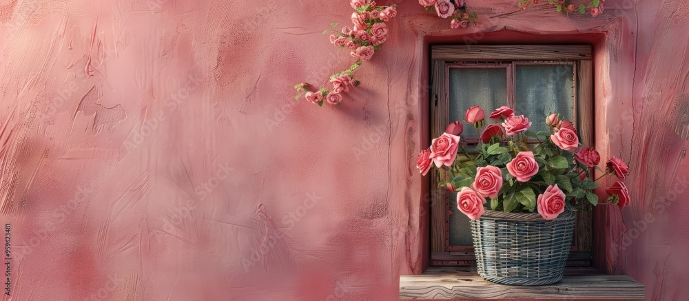 Poster a pink textured wall with a wooden window frame adorned with a basket of pink roses. copy space imag
