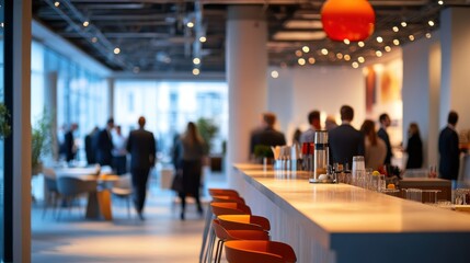 Corporate Event Reception Area with Attendees in the Background. Business Networking and Socializing.