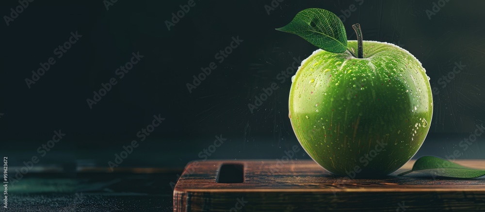 Poster green apple on a wooden chopping board against a black background. copy space image. place for addin
