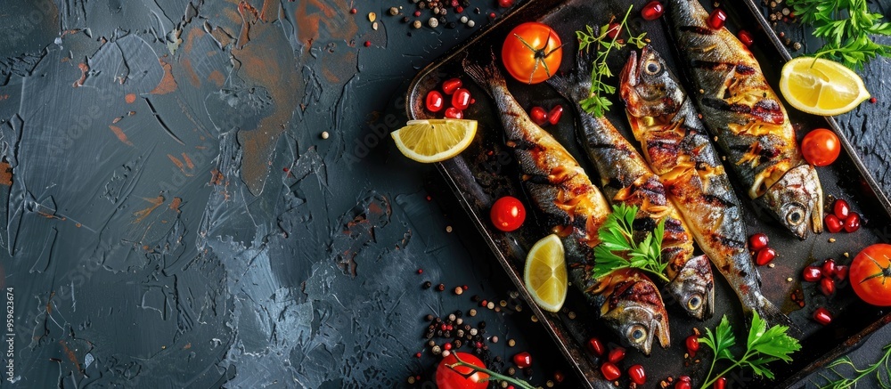 Poster japanese autumn dishes feature grilled pacific saury accompanied by sudachi citrus. copy space image