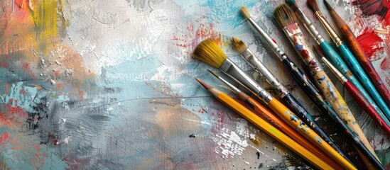 Obraz premium workspace on a table featuring pencils and paintbrushes. Copy space image. Place for adding text and design