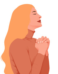 Illustration of a Christian woman praying, featuring a serene and peaceful expression, perfect for religious content, spiritual art, and faith-based designs