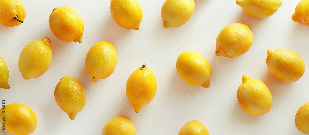 Poster a collection of fresh lemons on a white background. copy space image. place for adding text and desi