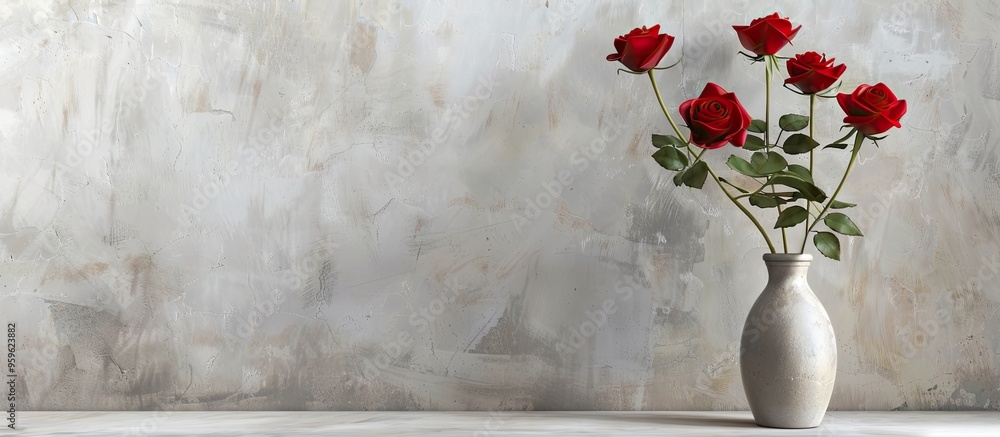 Poster red roses in a vase against a grey backdrop. copy space image. place for adding text and design