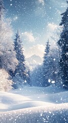 A beautiful winter scene with snow-covered trees and mountains in the background, the sun is shining through the clouds and snow is falling gently.