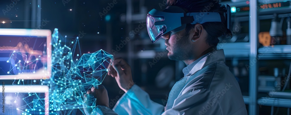 Poster a scientist wearing a vr headset interacts with a digital interface, exploring advanced technology a