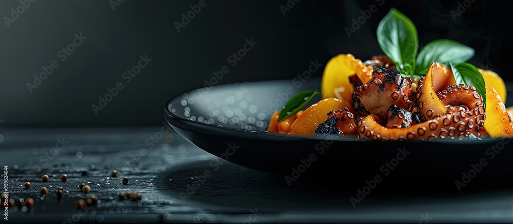 Poster japanese cuisine nagaimo yam sauteed with octopus. copy space image. place for adding text and desig