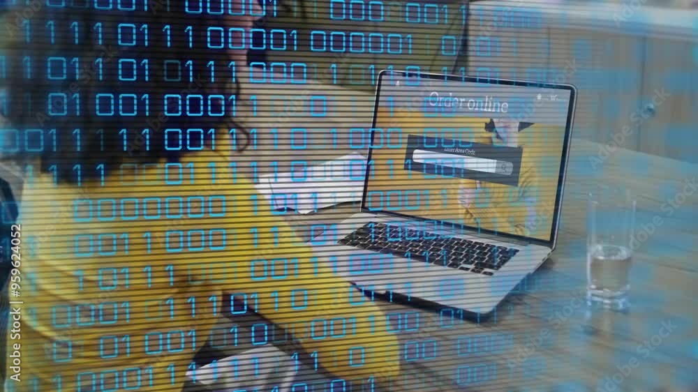 Poster binary code animation over person using laptop in office