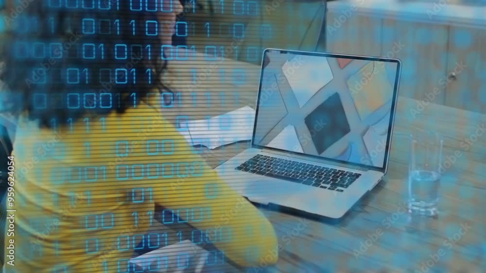 Poster binary code animation over person using laptop at desk