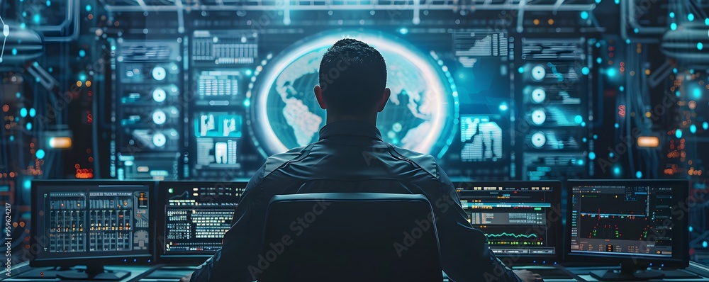 Aufkleber a technician monitors global data on advanced screens, showcasing technology and analytics in a mode