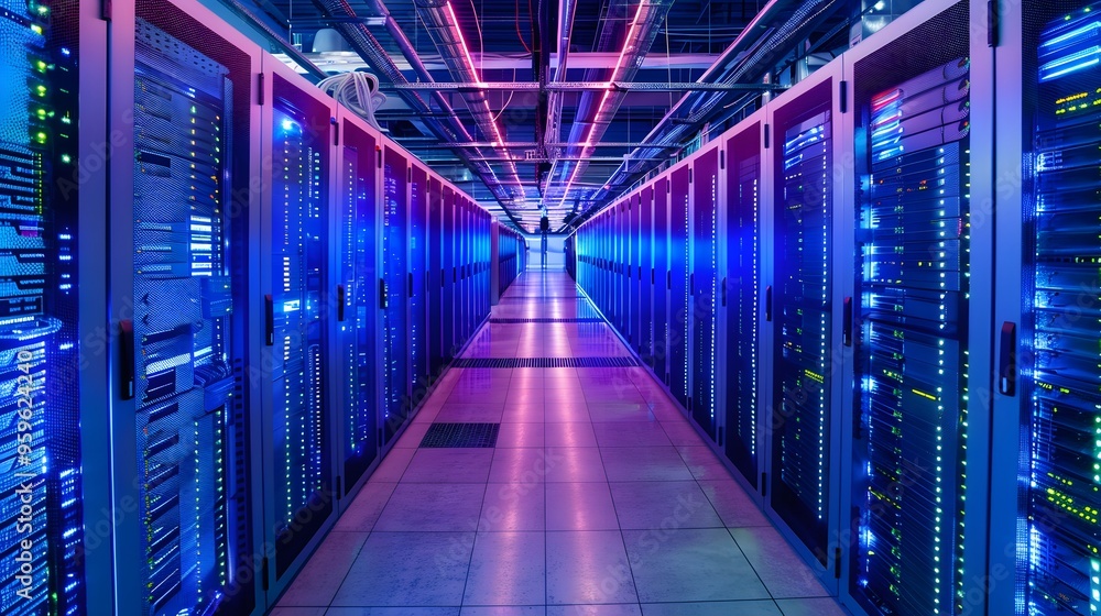 Poster a vibrant data center with illuminated server racks reflecting modern technology and digital connect