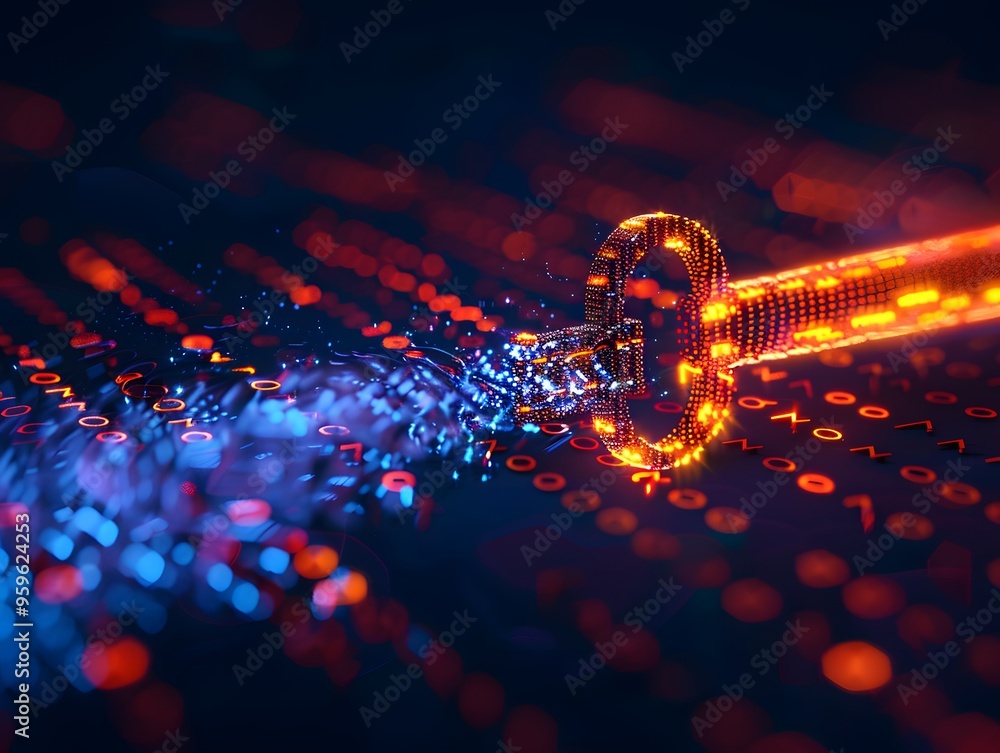 Poster a vibrant digital key amid glowing binary patterns, symbolizing cybersecurity and encryption in a te