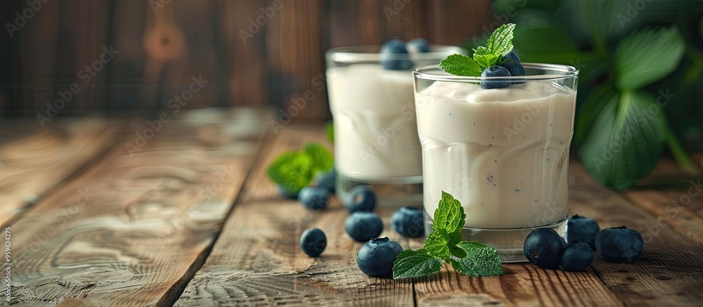 Poster delicious yogurt in glasses accompanied by blueberries on a wooden table area for text. copy space i