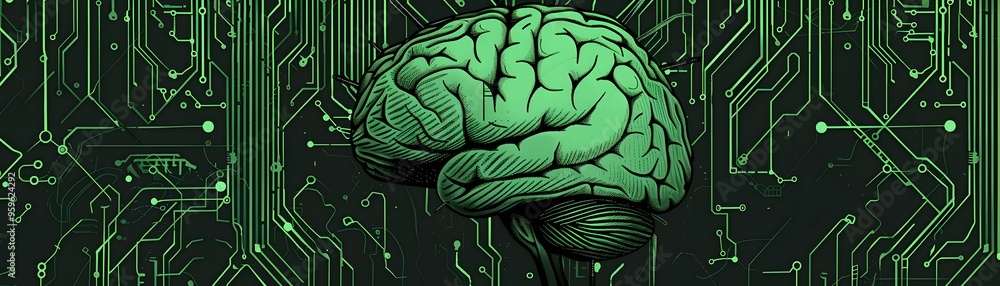Poster a vibrant green brain surrounded by intricate circuit patterns, symbolizing the fusion of technology