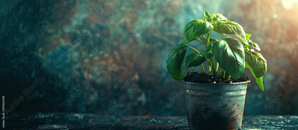 Poster Fresh basil plant in a pot set against a textured background Fresh organic basil leaves Spices Vegan Home gardening in the kitchen Home planting and food cultivation Basil plant with copy space