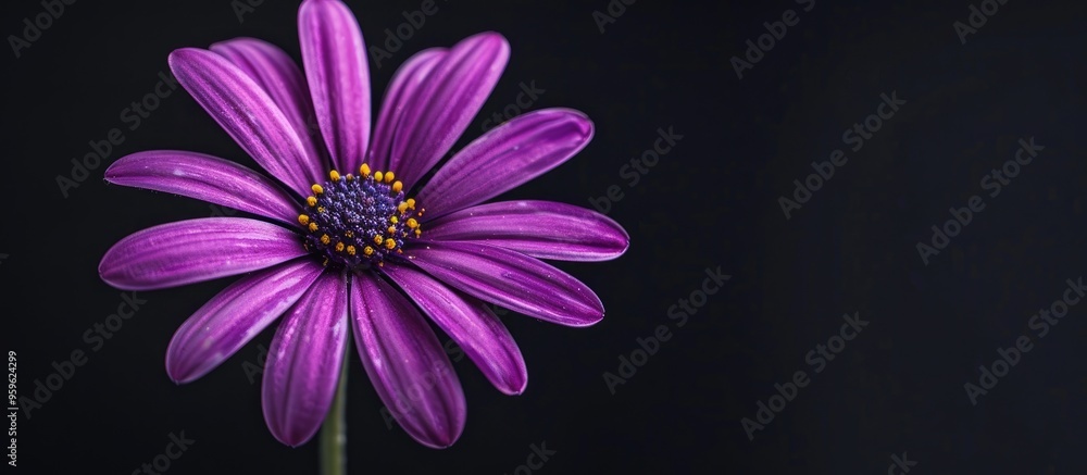 Poster purple daisy flower set against a black background. copy space image. place for adding text and desi