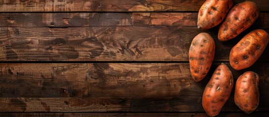 Fresh sweet potatoes on a wooden table top view with room for text Banner design. Copy space image. Place for adding text and design