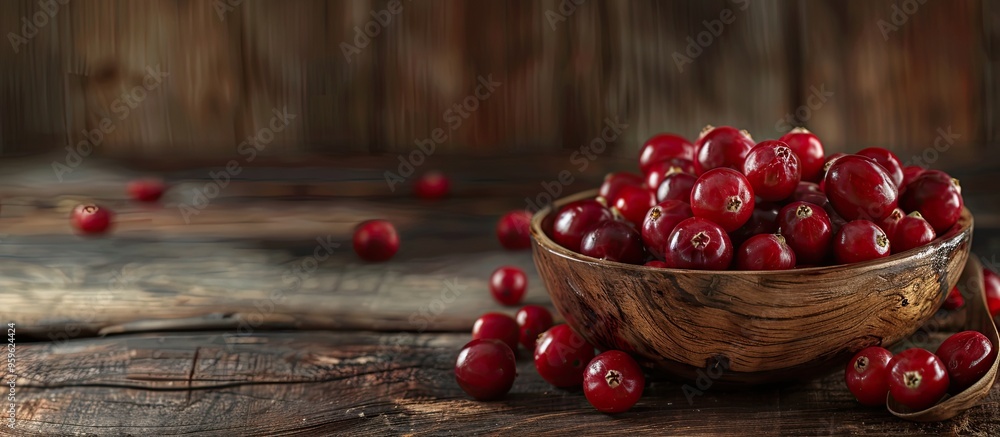 Sticker Ripe wild cranberries served in wooden plates with a spoon and bowl Brown wooden backdrop front view Copy space