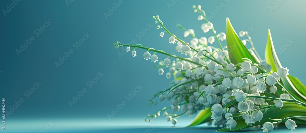 Poster bouquet of lilies of the valley set against a blue gradient backdrop. copy space image. place for ad
