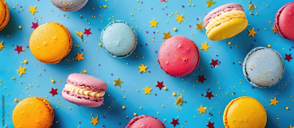 Poster colorful macaroons on a blue background with small stars top view flat lay style. copy space image. 