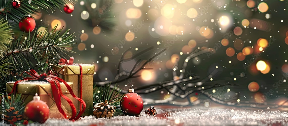 Poster christmas backdrop featuring decorations a tree branches a ball and a gift box greeting card. copy s