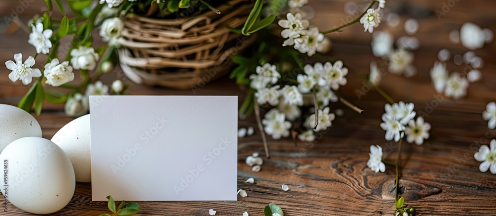 Poster easter eggs and flowers alongside a blank card on a wooden table. copy space image. place for adding