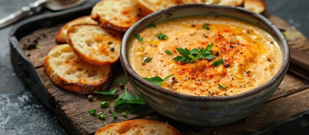 Poster bowl of cheddar dip with toasted bread. copy space image. place for adding text and design