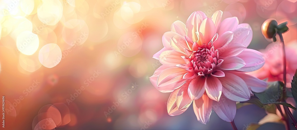 Poster pink flower with a blurred background. copy space image. place for adding text and design